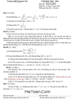 Đề khảo sát chất lượng cuối năm môn Toán lớp 9 năm 2022 - 2023 trường THCS Nguyễn Trãi - Hà Nội có đáp án