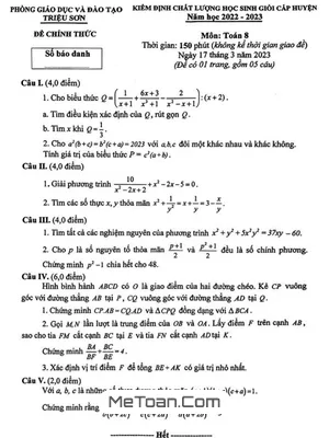 Đề thi HSG Toán 8 năm 2022 - 2023 phòng GD&ĐT Triệu Sơn, Thanh Hóa