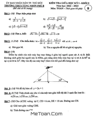 Đề Thi Giữa Kì 1 Toán 9 Năm 2022 - 2023 Trường THCS Tăng Nhơn Phú B - TP.HCM