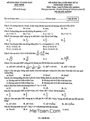 Đề thi Toán 9 học kỳ 2 năm 2020 - 2021 sở GD&ĐT Bắc Ninh