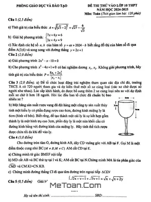 Đề thi thử Toán vào lớp 10 năm 2024 - 2025 phòng GD&ĐT Thanh Chương, Nghệ An