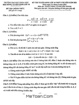 Đề thi vào lớp 10 chuyên Toán năm 2021 trường ĐH Khoa học Huế (vòng 2)