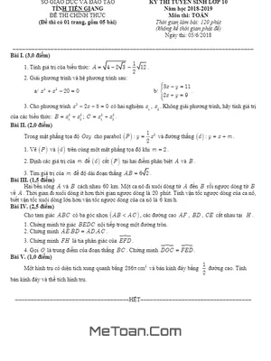 Đề thi tuyển sinh lớp 10 môn Toán năm 2018 - 2019 Sở GD&ĐT Tiền Giang (có lời giải)