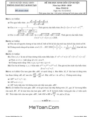 Đề thi học sinh giỏi Toán 9 cấp huyện năm 2018-2019 phòng GD&ĐT Hoài Nhơn - Bình Định