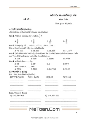 Bộ 10 Đề Thi Cuối Học Kì 2 Môn Toán Lớp 5 Kèm Đáp Án