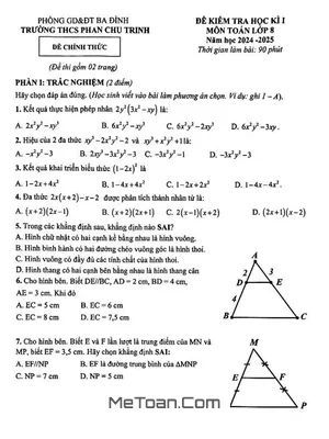 Đề thi học kì 1 Toán 8 năm 2024 - 2025 trường THCS Phan Chu Trinh - Hà Nội