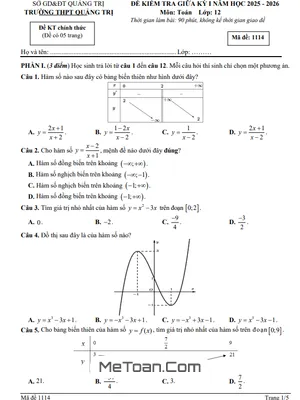 Đề thi giữa kì 1 Toán 12 năm 2025 - 2026 trường THPT Quảng Trị (kèm đáp án chi tiết)