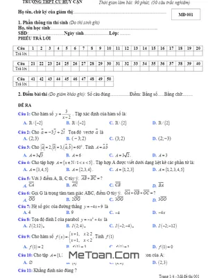 Đề thi HK1 Toán 10 năm 2018 - 2019 trường THPT Cù Huy Cận - Hà Tĩnh