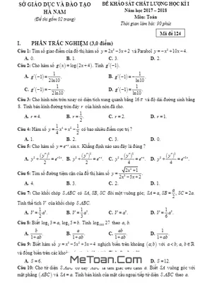 Đề thi HK1 Toán 12 năm học 2017 - 2018 sở GD&ĐT Hà Nam (có lời giải)