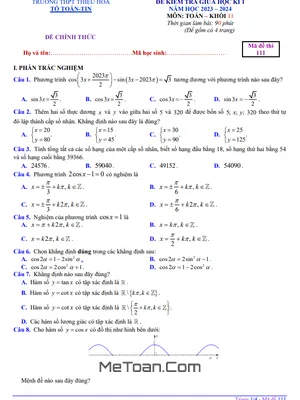 Đề thi giữa kỳ 1 Toán 11 năm 2023 - 2024 trường THPT Thiệu Hóa - Thanh Hóa