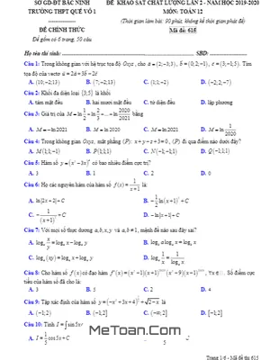 Đề khảo sát chất lượng Toán 12 lần 2 năm 2019 – 2020 trường Quế Võ 1 – Bắc Ninh