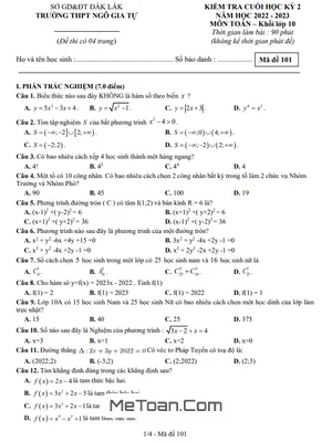 Đề thi học kỳ 2 môn Toán lớp 10 năm 2022 - 2023 trường THPT Ngô Gia Tự - Đắk Lắk (có đáp án)