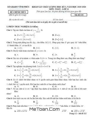 Đề thi học kỳ 1 Toán 11 năm học 2019 - 2020 sở GD&ĐT Vĩnh Phúc