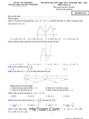 Đề kiểm tra giữa học kỳ 1 Toán 12 năm 2021 - 2022 trường THPT chuyên Vĩnh Phúc