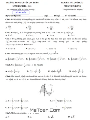 Đề thi cuối kỳ 2 Toán 12 năm 2021 - 2022 trường THPT Nguyễn Gia Thiều - Hà Nội [Mã đề GỐC]