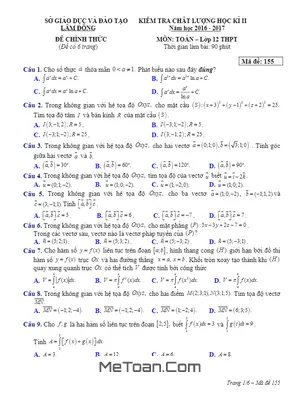 Đề thi HK2 Toán 12 năm học 2016 - 2017 Sở GD&ĐT Lâm Đồng - Có lời giải