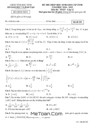 Đề thi học sinh giỏi tỉnh Toán 12 năm 2018 - 2019 sở GD&ĐT Bắc Ninh