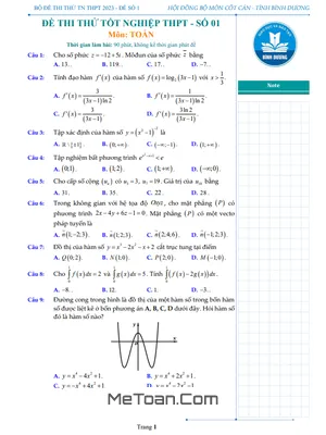 Bộ đề thi thử tốt nghiệp THPT 2023 môn Toán sở GD&ĐT Bình Dương