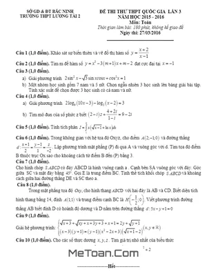 Đề thi thử THPT Quốc gia 2016 môn Toán trường Lương Tài 2 – Bắc Ninh lần 3
