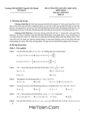 Đề Cương Ôn Tập Giữa HK2 Toán 10 Năm 2020 - 2021 Trường Nguyễn Tất Thành - Hà Nội