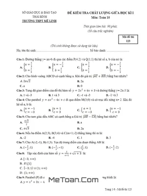 Đề kiểm tra chất lượng giữa HK1 Toán 10 trường THPT Mê Linh - Thái Bình