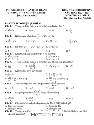 Trọn bộ 11 Đề thi tham khảo học kì 1 Toán 8 năm 2023 - 2024 phòng GD&ĐT Bình Thạnh