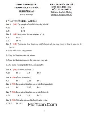 Đề Tham Khảo Giữa Kỳ 1 Toán 6 Năm 2022 - 2023 Trường THCS Minh Đức - TP HCM