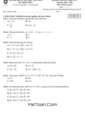 Đề Thi Giữa Kì 1 Toán 8 Năm 2023-2024 Trường Việt Anh 2 - Bình Dương