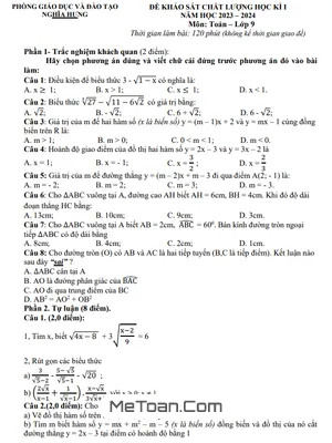 Đề thi học kì 1 Toán 9 năm 2023 - 2024 phòng GD&ĐT Nghĩa Hưng - Nam Định