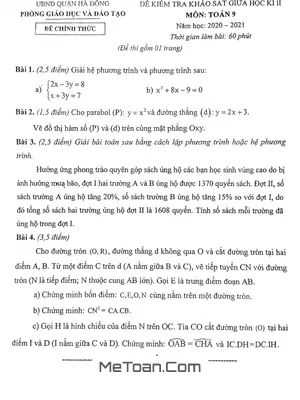 Đề thi giữa kì 2 Toán lớp 9 năm 2020 - 2021 phòng GD&ĐT Hà Đông - Hà Nội