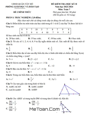 Đề học kỳ 2 Toán 7 năm 2023 - 2024 phòng GD&ĐT Tây Hồ - Hà Nội