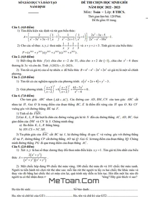 Đề thi chọn học sinh giỏi Toán 8 năm 2022 - 2023 sở GD&ĐT Nam Định