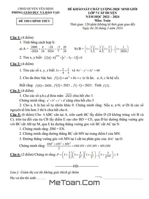 Đề khảo sát HSG Toán 7 năm 2023 - 2024 phòng GD&ĐT Yên Định - Thanh Hóa
