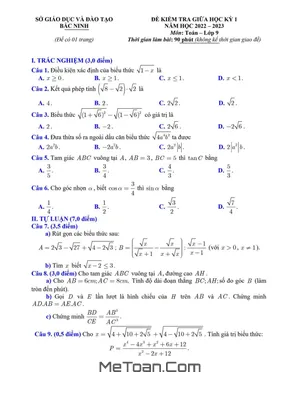 Đề thi giữa kì 1 Toán 9 năm 2022 - 2023 sở GD&ĐT Bắc Ninh