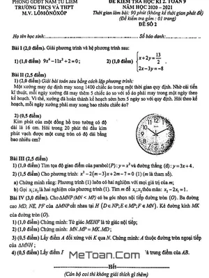 Đề thi học kì 2 Toán 9 năm 2020 - 2021 trường THCS & THPT M.V. Lômônôxốp - Hà Nội