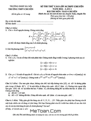 Đề thi thử vào 10 chuyên Toán trường chuyên ĐHSP Hà Nội năm 2024 lần 2
