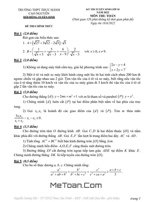 Đề Thi Tuyển Sinh Lớp 10 Môn Toán Năm 2022 Trường THPT Thực Hành Cao Nguyên - Đắk Lắk
