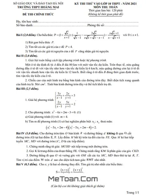 Đề thi thử Toán vào lớp 10 năm 2021 trường THPT Hoàng Mai - Hà Nội
