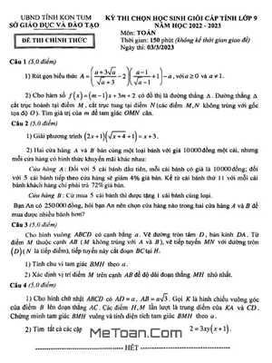 Đề thi học sinh giỏi cấp tỉnh môn Toán lớp 9 năm 2022 - 2023 sở GD&ĐT Kon Tum