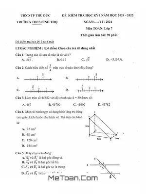 Đề thi học kỳ 1 Toán 7 năm 2024 - 2025 trường THCS Bình Thọ - TP HCM