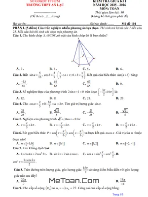 Đề thi giữa học kỳ 1 Toán 11 năm 2025 – 2026 trường THPT An Lạc - TP.HCM có đáp án