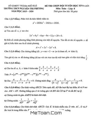 Đề Thi Chọn Đội Tuyển Học Sinh Giỏi Toán 8 Năm Học 2025 – 2026 Trường THCS Nguyễn Tri Phương – Huế