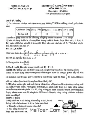 Đề Thi Thử Tuyển Sinh Lớp 10 Môn Toán Năm 2026 Trường THCS Vật Lại, Hà Nội – Chuẩn Bị Toàn Diện