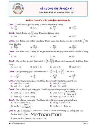 Đề Cương Ôn Thi Giữa Kỳ 1 Toán 11 Năm 2026-2027 THPT Trương Vĩnh Ký - Vĩnh Long
