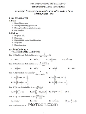 Đề Cương Ôn Tập Giữa Kì 1 Toán 11 Năm 2021-2022 - THPT Lương Ngọc Quyến, Thái Nguyên