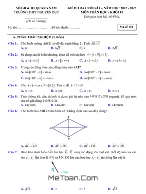 Đề thi học kì 1 Toán 10 năm 2022 - 2023 trường THPT Nguyễn Dục - Quảng Nam (có lời giải)