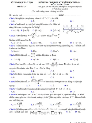 Đề thi Toán 12 cuối kỳ 1 năm 2020 - 2021 sở GD&ĐT Bình Dương