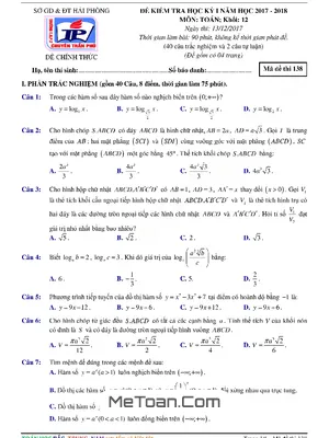 Đề thi HK1 Toán 12 năm học 2017 - 2018 trường THPT chuyên Trần Phú - Hải Phòng - Có lời giải