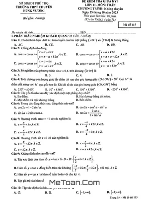 Đề Thi Giữa Kỳ 1 Toán 11 Năm 2023 - 2024 Trường Chuyên Hùng Vương - Phú Thọ