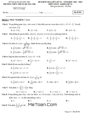 Đề thi giữa kỳ 2 Toán 12 năm 2021 - 2022 trường THPT Thị xã Quảng Trị